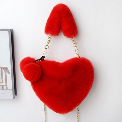Faux Fur Winter Handbag Heart Shape Shoulder Bag Clutch Purse Chain Velvet Pouch