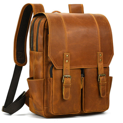 Mens Real Leather 15.6" Laptop Bag Backpack Large Hiking Travel Camping Carry On