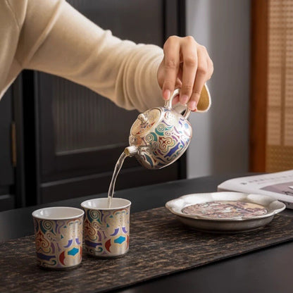 Tea Set Pot With Holder Matching Tea Cup Dunhuang Frescoes Print Silver Ceramic