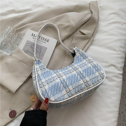 Plaid Canvas Bag Leather Crescent Shoulder Bag Zipper Handbags 24*8*18 CM 26 CM