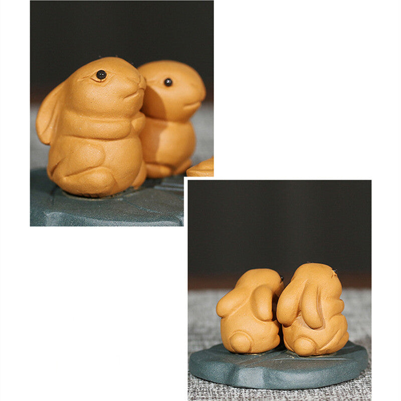 Rabbit On Leaf Mat Lovely Tea Pet Zisha Purple Clay Home Garden Decoration Small