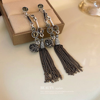 Silver-Plated Rhinestone Ball Tassel Earrings Retro Dangle