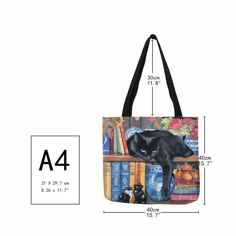 Cat Print Tote Bag Linen Reusable Shopping Bag Oil Painting Shoulder Shopper Bag