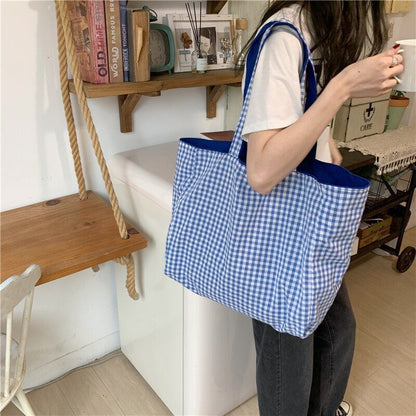 Canvas Bag Women Shoulder Bag Handbag Solid Plaid Shopper Large Double Side Bags