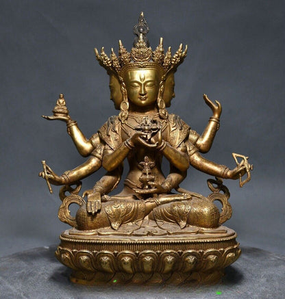 12" Old Tibet Bronze Gilt 3 Head 8 Arms Namgyalma & Ushnishavijaya Buddha Statue
