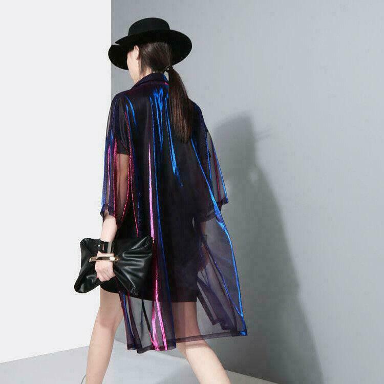 Lady Womens Holographic Laser Jacket Iridescent Transparent Shirts Tops Outwear
