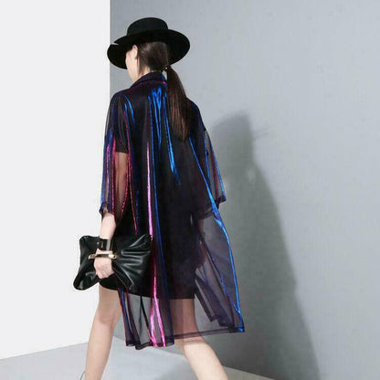 Lady Womens Holographic Laser Jacket Iridescent Transparent Shirts Tops Outwear