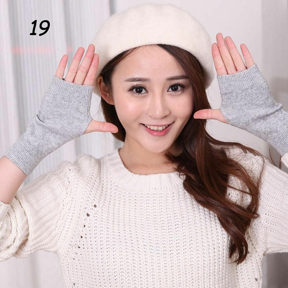 Women Winter Gloves Cashmere Knitted Cotton Fingerless Warm Stretch Half Mittens