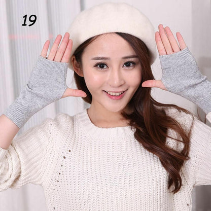 Women Winter Gloves Cashmere Knitted Cotton Fingerless Warm Stretch Half Mittens