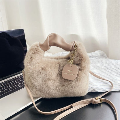Soft Faux Fur Bag Synthetic Leather Handle Pleated Warm Plush Bags Crossbody 1PC