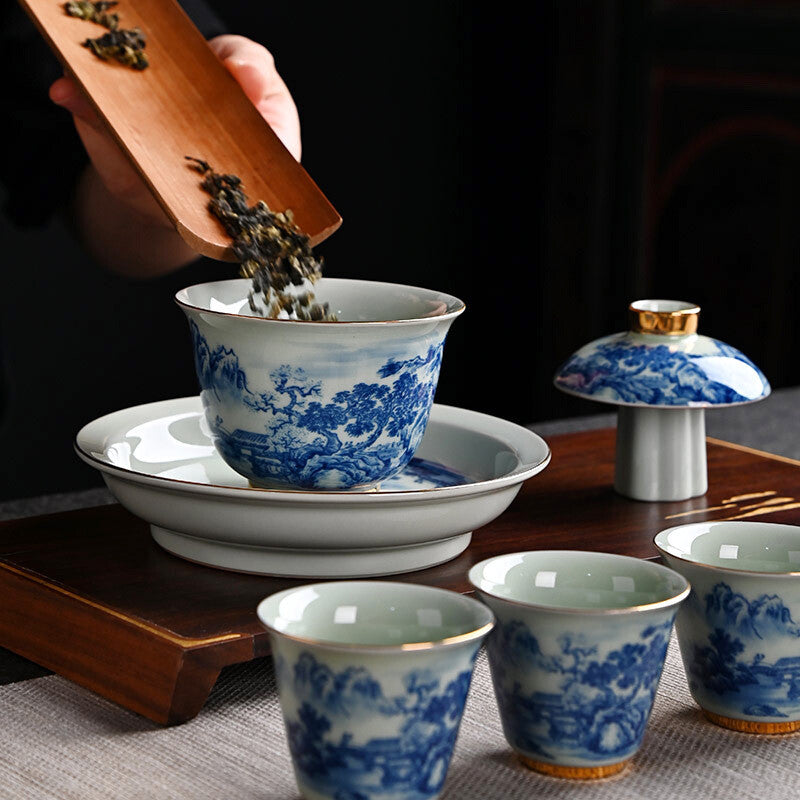 Complete Tea Set True Jingdezhen Blue And White Flower Country Kung Fu Tea Set