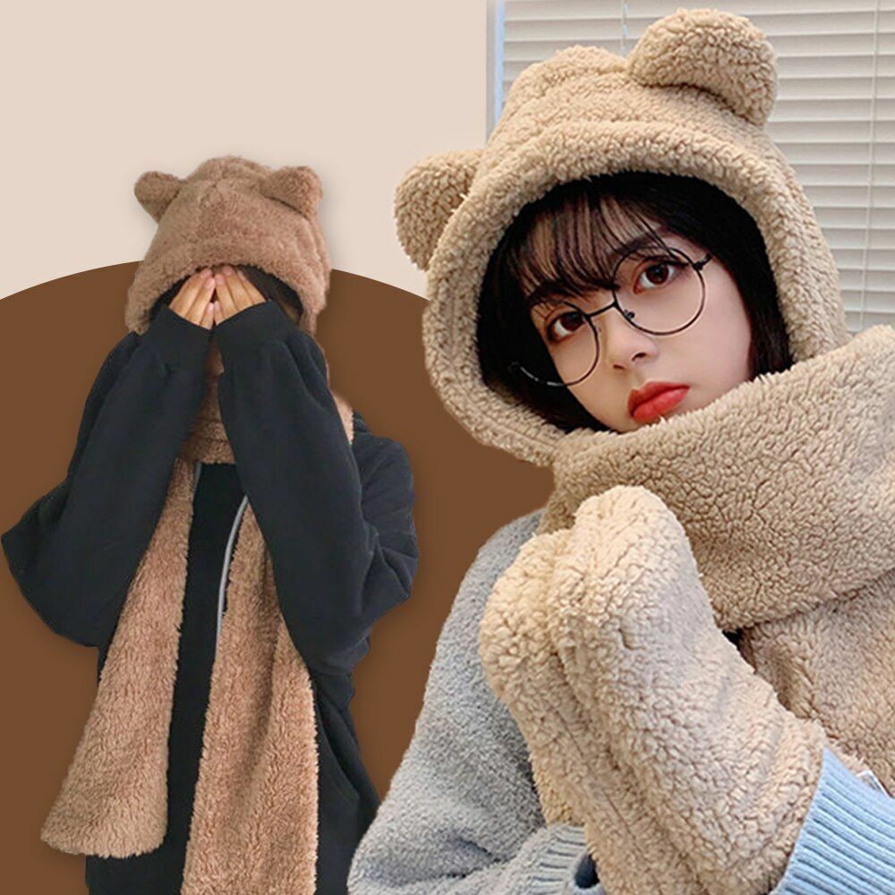 Cute Bear Ears Hat Scarf Gloves Set Balaclava Winter Bandana Velvet Fleece 225CM