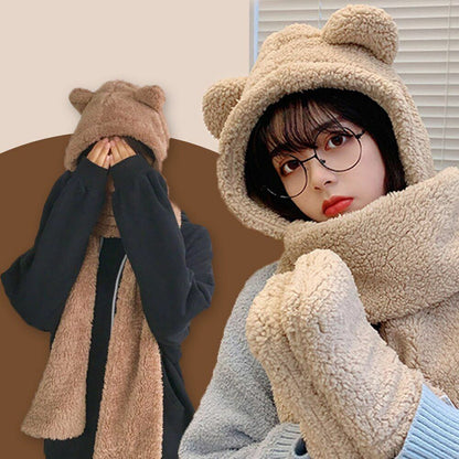 Cute Bear Ears Hat Scarf Gloves Set Balaclava Winter Bandana Velvet Fleece 225CM
