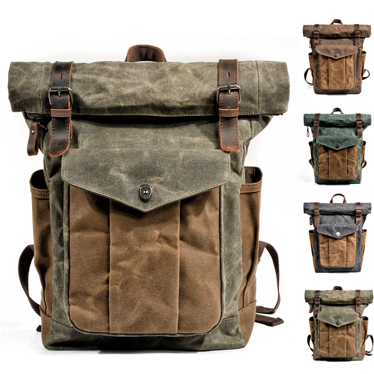 Water Resisant Vintage Waxed Canvas Backpack Fold-Over Satchel Laptop Bag Travel