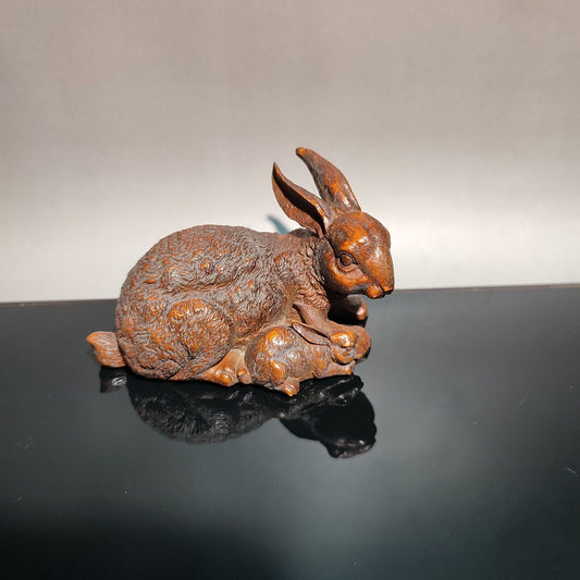 vintage wooden ornament carving Figurines Rabbit statue Animal decorative love