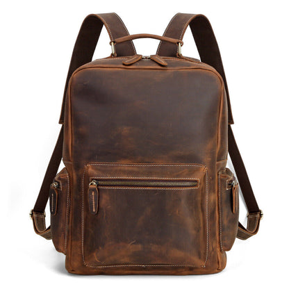 100%Crazy Horse Leather Men's Retro Backpack, Travel Rucksack Daypack School Bag