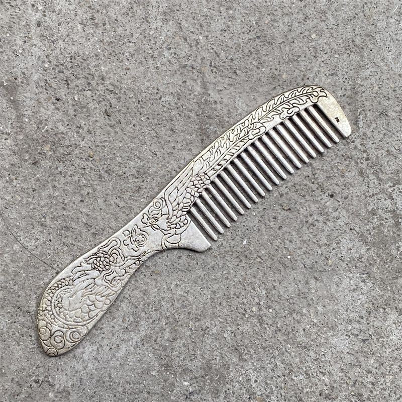 Handmade Tibetan Silver Comb Dragon Phoenix Carved Hair Comb Decorative Piece