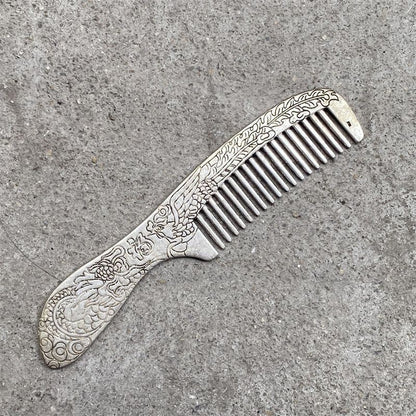 Handmade Tibetan Silver Comb Dragon Phoenix Carved Hair Comb Decorative Piece