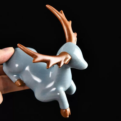 Tea Strainer Filter Net Deer Statue Holder Tea Pet Crackle Glaze Porcelain New