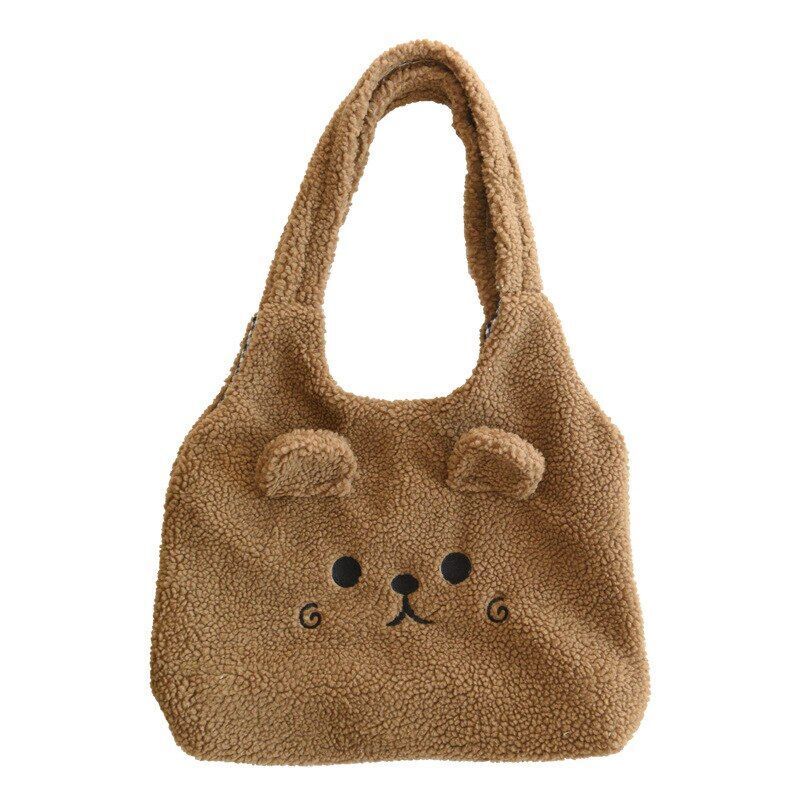 Winter Soft Plush Bag Women Cartoon Embroidery Imitation Lamb Hair Shoulder Bag