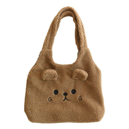 Winter Soft Plush Bag Women Cartoon Embroidery Imitation Lamb Hair Shoulder Bag