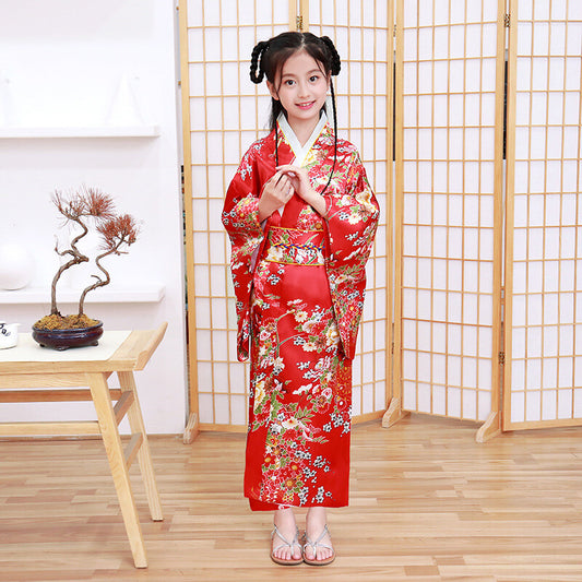 Chinese Traditional Kimono Children Silk Gown Kid Garment One Piece Dress
