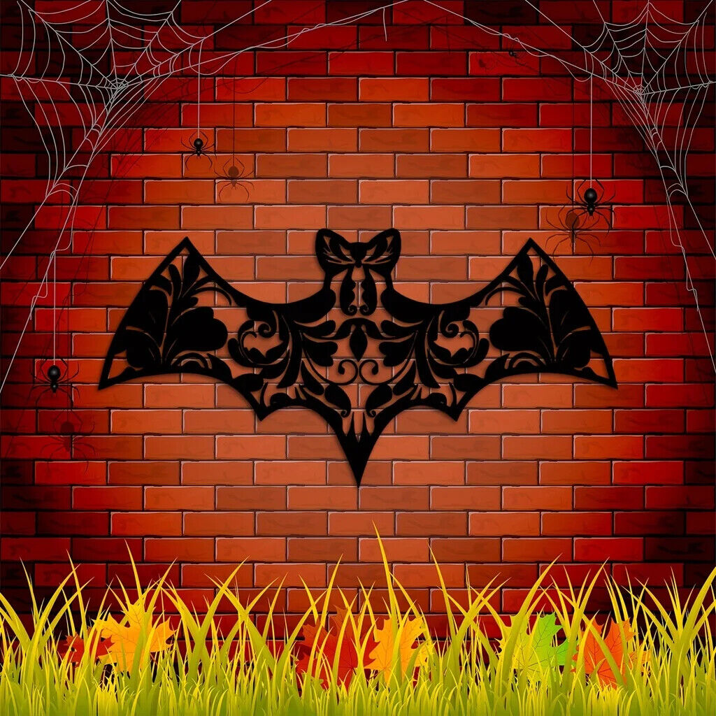 Floral Bat Metal Wall Art, Flower Black Metal Art Sign Decorations