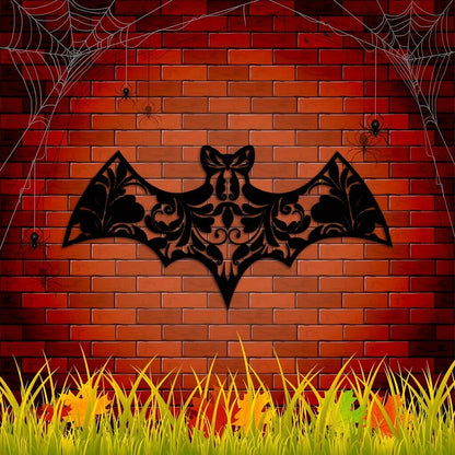Floral Bat Metal Wall Art, Flower Black Metal Art Sign Decorations
