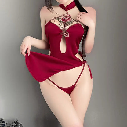 Women's Sexy Neck Hanging Hollow High Waisted Slit Cheongsam Uniform Set