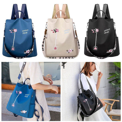 Nylon Backpack Flower Embroidered Shoulder School Book Bags Traveling Anti-Theft