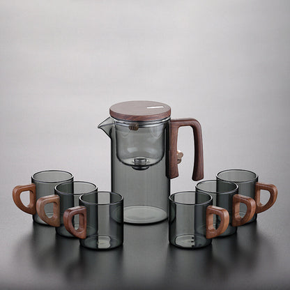 Boutique Tea Pot Matching Cup Glass Wood Handle Tea Tray Tea Water Separation