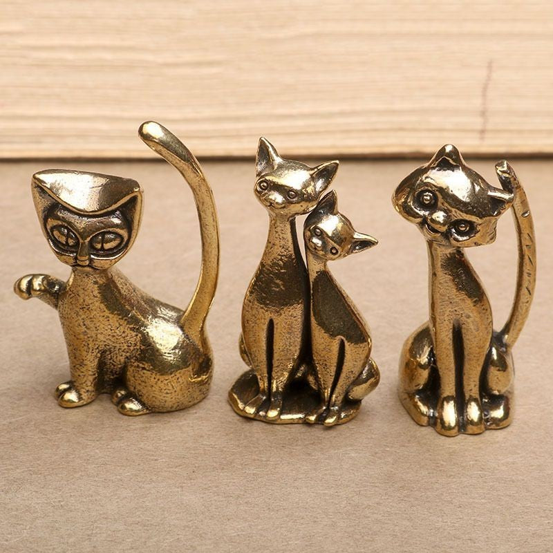 Brass Solid Cat Ornament Set 3pcs Tea Pet Office Desk Copper Cat Decor