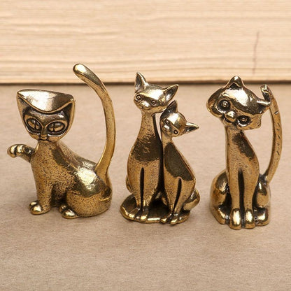 Brass Solid Cat Ornament Set 3pcs Tea Pet Office Desk Copper Cat Decor