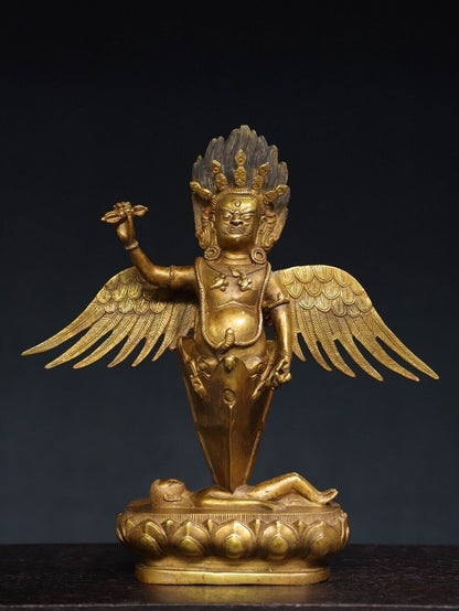 11.2"Bronze gilt Redpoll Winged Garuda Bird Eagle Buddha Vajra King Kong statue
