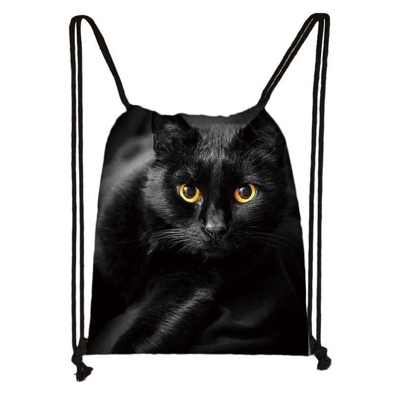 Black Cat Drawstring Bag Women Shopping Purse Canvas Travelling Bag Backpack 1PC