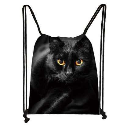Black Cat Drawstring Bag Women Shopping Purse Canvas Travelling Bag Backpack 1PC