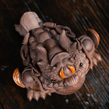 5.12" Lucky Golden Toad Statue Ornaments Yixing Purple Clay Tea Pet Handmade