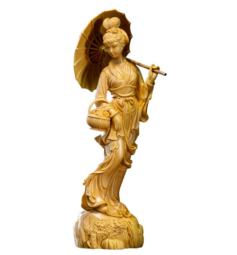 8" Boxwood Carved Oriental Woman Girl Statue Traditional Chinese Beauty Decor
