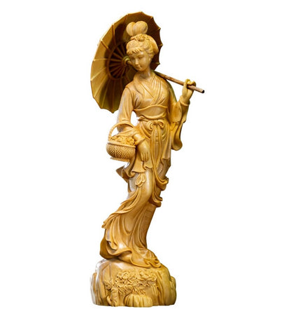 8" Boxwood Carved Oriental Woman Girl Statue Traditional Chinese Beauty Decor