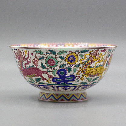 Chinese Famille Rose Porcelain Qing Qianlong Unicorn Kylin Flowers Design Bowl