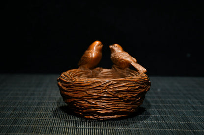Chinese Antique Boxwood Carved Exquisite Bird's Nest Statue Collection Gift Art