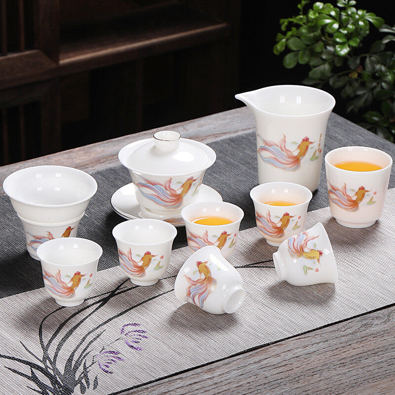 Complete Tea Set Fat Mutton Jade Porcelain Gaiwan Tureen Fish Drawing Tea Cups
