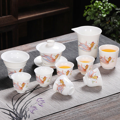 Complete Tea Set Fat Mutton Jade Porcelain Gaiwan Tureen Fish Drawing Tea Cups