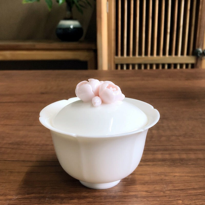 Artful Porcelain Teaset Gaiwan Matching Cup Tea Plate Tray Ceramic Floral Relief