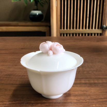 Artful Porcelain Teaset Gaiwan Matching Cup Tea Plate Tray Ceramic Floral Relief