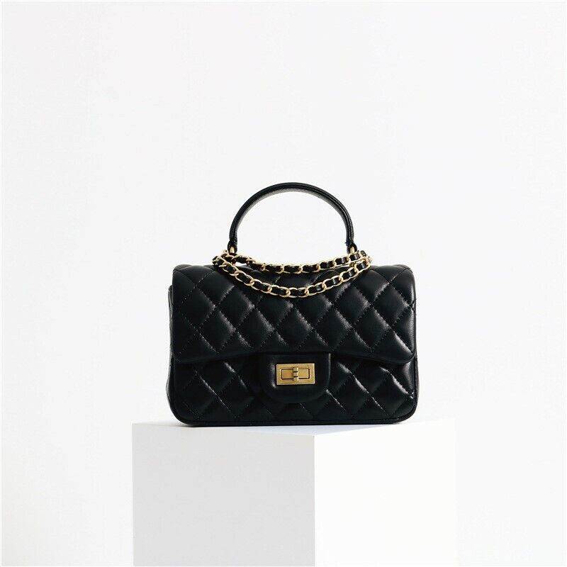 Small Quilted Lambskin Leather Handle Chain Tote Shoulder bag Crossbody Purse