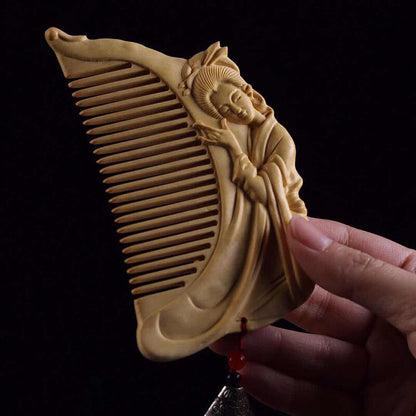 116*65*12mm Fairy Playing the Piano Comb Hand Carving Boxwood Crafts Gift Comb