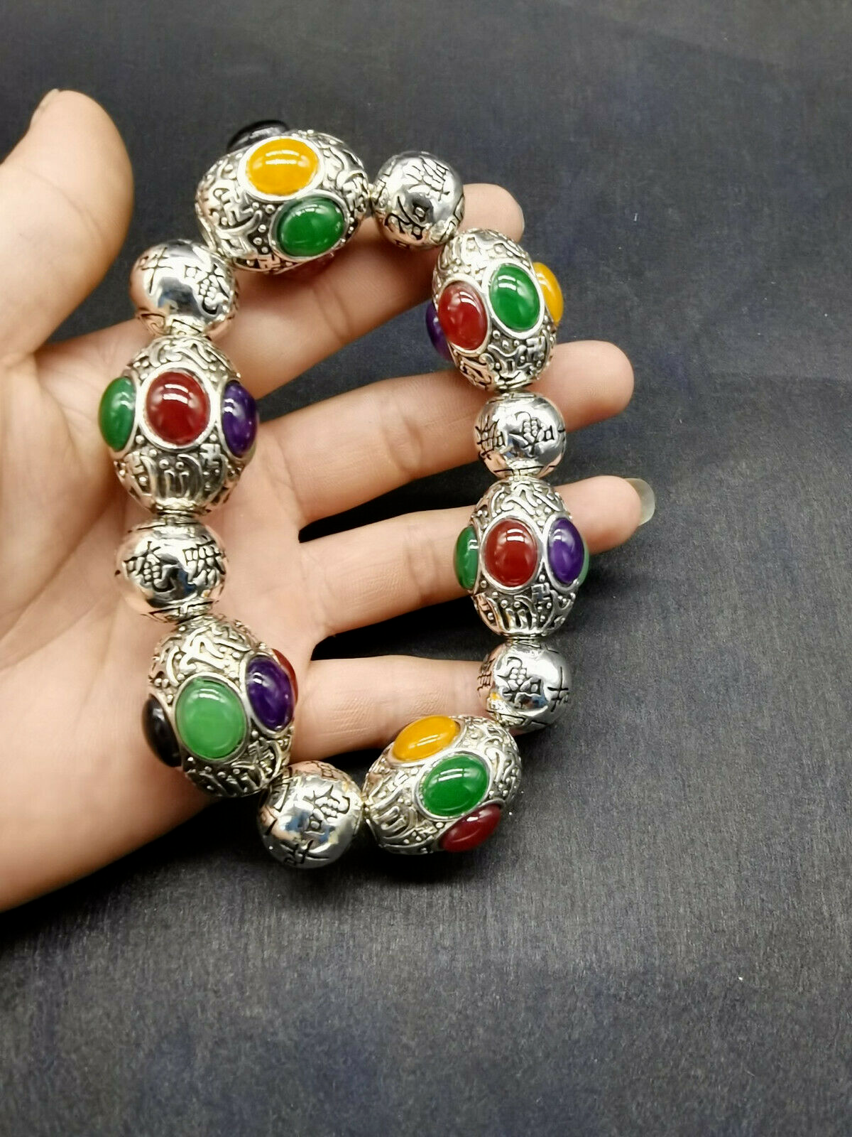 Old Tibet silver carving flower inlaid red green black jade silver bracelet