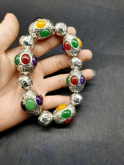 Old Tibet silver carving flower inlaid red green black jade silver bracelet