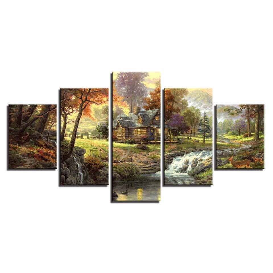 Forest Trees House Stream Landscape Canvas Print Painting Wall Art Home Decor 5P